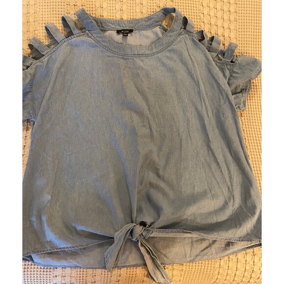 A.U.W. Blouse Chambray Denim Top Women’s Plus Size 1X Short Sleeve Casual - Picture 2 of 10